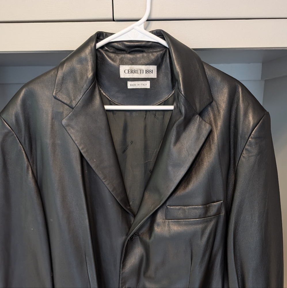 💃😎🧨💥Men's black leather size 56 jacket. Made in Italy .Cerruti 1881